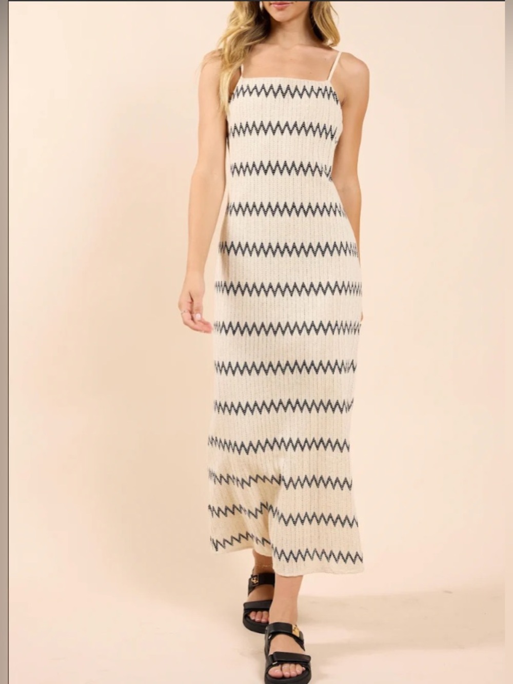 Sadie & Sage Zig Zag Midi Dress Ivory Cream Off White Black 100% Cotton XS